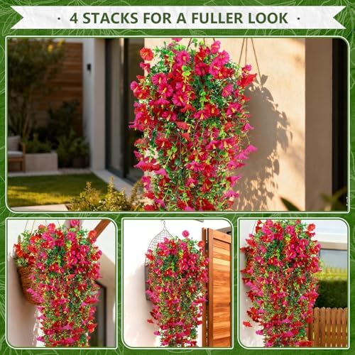 4-Pack Fake Hanging Plants, Faux Hanging Plant Artificial Greenery for Living Room Bedroom Boho Wall Shelf Indoor Outdoor Decor (Light Purple Pink Morning Glory) - Image 5