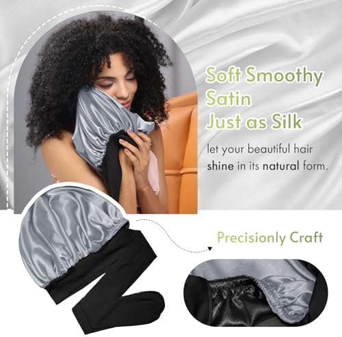 BONNET QUEEN Silk Bonnet for Sleeping Satin Bonnet with Tie Hair Wrap Double Layer Sleep Cap for Women Curly Hair, Black Silver - Image 5