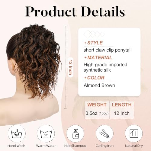Flufymooz Ponytail Extension, 12" Short Claw Ponytail Extension Wavy Curly Jaw Clip in Pony tails Hair Extension Natural Synthetic Hairpiece for Women (Almond brown) - Image 3