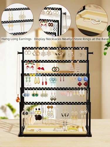 Earring Holder Organizer, 5-Tier Jewelry Display Stand with Matte Black Metal Frame and Wooden Tray, Large Earring Holder for Studs, Hoops, Dangles, Modern Jewelry Organizer for Women - Image 4