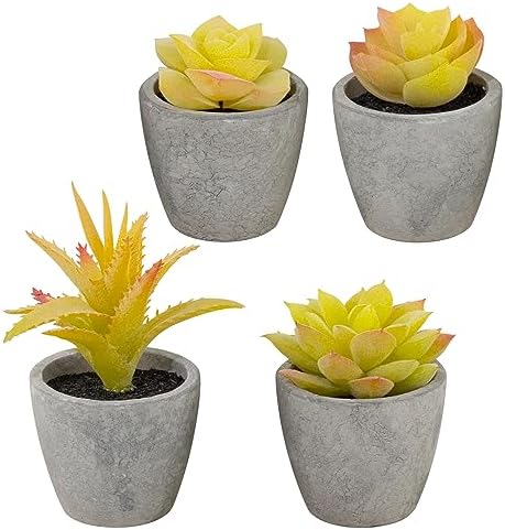 Set of 4 Small Yellow Fake Succulent Plants - Mini Artificial Succulents for Bathroom, Living Room, Office Desk, Coffee Table, Kitchen Shelves - Aesthetic Indoor Shelf Decor by LUZOGA