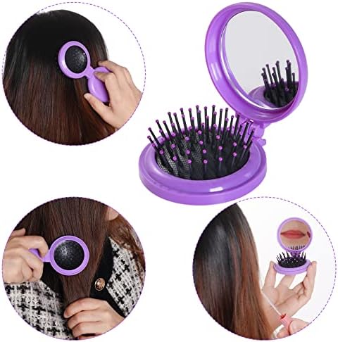Heliltd 2pcs Folding Travel Mirror Pocket Hair Brushes, Round, Rose Purple - Image 5