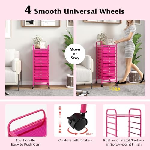 Giantex 10-Drawer Storage Cart w/Universal Wheel, Rolling Cart w/Handle, Home Organizer Storage Unit w/Removable Drawers, Trolley Utility Cart for Kitchen Makeup Living Room Office Play Room, Hot Pink - Image 6