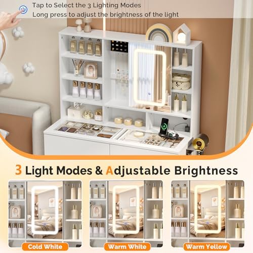 VINGLI Vanity Desk with Sliding Mirror and Lights, Glass Top Makeup Vanity Table w/Shelves & Hidden Jewelry Storage & Power Outlets & Hairdryer Holder,54in White Dressing Table Gifts Girls - Image 5