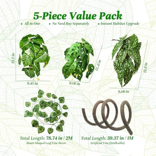 5 Pcs Reptile Plants & Habitat Decor Kit - 3 Artificial Plants & Large 5ft Jungle Vine Branch, Terrarium Tank Decor & Climbing Accessories for Gecko (Polka Dot Begonia, Monstera Adansonii, Alocasia) - Image 4