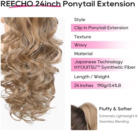 REECHO Ponytail Extension, 24" Claw Clip in Long Curly Wavy Ponytail Hair Extension Jaw Clip on Pony Tails Hairpiece for Women - Dark Blonde - Image 2