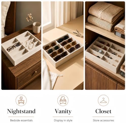 Amzlink® Sunglass Organizer Tray, 8 Slot Velvet Glasses Holder for Eyeglasses, Sunglasses, Jewelry & Watch Display, Men's/Women's Drawer Dresser Vanity Nightstand Storage, Beige - Image 7