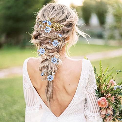 5 PCS Bridal Flower Wedding Hair Pins Crystal Pearl Hair Clips Headpiece Gold Wedding Hair Accessories Jewelry with Rhinestone for Brides Bridesmaids Women Girls Updo, Special Cream Blue - Image 3
