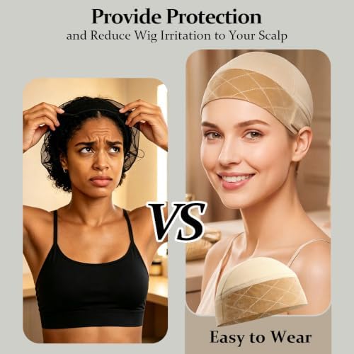 Wig Cap for Women Non Slip 2-in-1 Wig Grip Cap with Band Beige, 2 Packs - Image 4