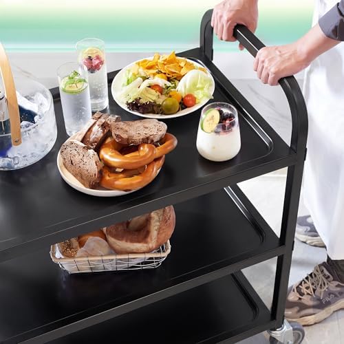 CURTA Black Stainless Steel Serving Cart, 3-Tier Rolling Utility Trolley (34"x18"x36"), Heavy Duty Painted Kitchen Cart on Wheels with Brakes, Commercial Grade for Restaurant, Hotel, Salon & Lab - Image 3