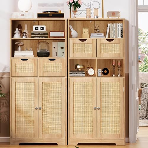 Iwell Tall Storage Cabinet, Rattan Cabinet with 2 Drawers & Adjustable Shelf, Kitchen Pantry Storage Cabient, Entryway Cabinet for Living Room, Dining Room, Home Office, Natural - Image 6