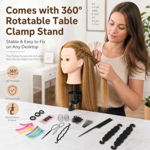 Headdoll 26"-28" Mannequin Head Styling Mannequin Head for Hair Styling and Free Table Stand Training Head Manikin Cosmetology Doll Head with Long Fiber Hair Hairdresser Practice Head for Stylist - Image 6