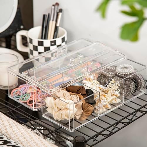 Hair Accessories Organizer for Girls, Acrylic Hair Tie Organizer for Headband, bows, Hair Clip, Cotton Swab Organization, Hair Clip Holder, 3 Compartments Hair Organizer Storage with Lid - Image 6