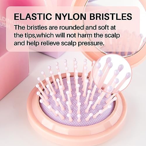 RHOS Folding Brush with Mirror for Women, Girls - Compact Pocket Portable Hair Brush with Soft Nylon Bristles for Purse and Travel (Pink) - Image 4