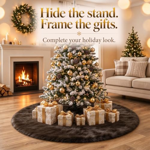 48 Inch Coffee Christmas Tree Skirt, Faux Wool Tree Base Cover - Image 7