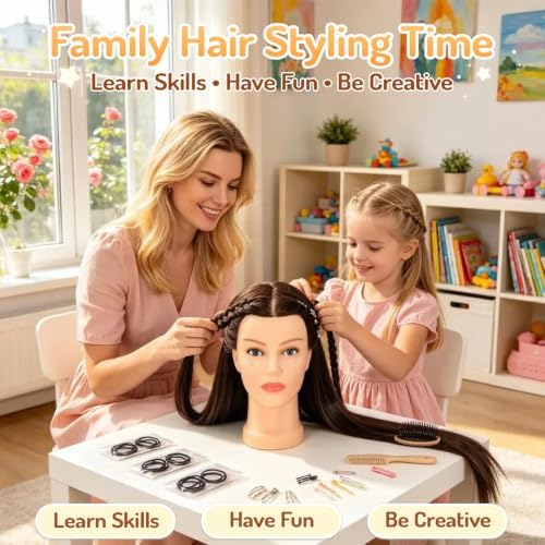 Mannequin Head Human Hair- Cosmetology Manikin Doll Head with 80% Real Hair for Kids Hairdresser Practice Styling Braiding & Free Clamp Holder (Black Brown) - Image 4