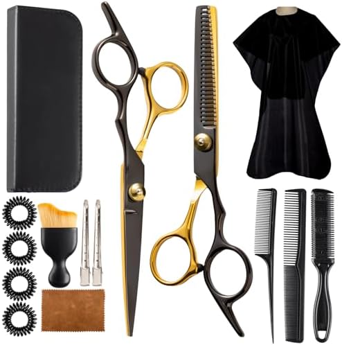 15 pcs Hair Cutting Scissors Professional, Thinning Shears for Hair Cutting, Black Gold Stainless Steel Barber Scissors, Lengnoyp Haircut Scissors Hair Cutting Kit for Women, Men by lengnoyp