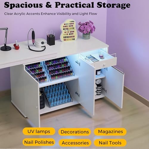 L-Shaped Manicure Table with Large Storage & LED Light (White) - Image 3