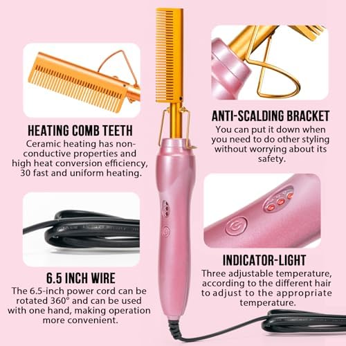 Electric Hot Comb Hair Straightener Heat Pressing Combs Ceramic Curling Flat Iron Curler, Hot Comb Electric for Wigs Electrical Straightening Comb Curling Iron for Natural Hair with Anti-Scald Case - Image 2
