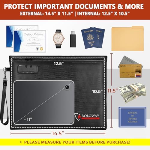ROLOWAY Fireproof Document Bag (14.5 x 11.5 inch), 6400℉ Fireproof Money Bag with Zipper for Cash, Fire Safe Money Pouch with Lock (Black) - Image 2