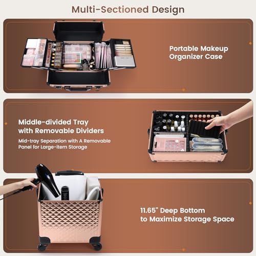 Frenessa Rolling Makeup Train Case 3 in 1 Professional Cosmetic Trolley Large Storage with keys Swivel Wheels Salon Barber Case Traveling Cart Trunk for Make Up Nail Tech - Vintage Rose Gold - Image 2