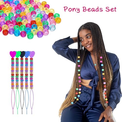 Ningrou 1008 Pcs Hair Beads Kit for Girls Hair Braids, 500Pcs 9x6mm Glitter Pony Beads, 500Pcs Mini Elastic Rubber Bands, 5Pcs Quick Beaders, 1Pcs Rattail Comb and 2Pcs Duckbill Clips - Image 3
