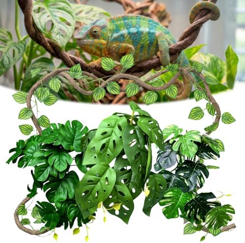 5 Pcs Reptile Plants & Habitat Decor Kit - 3 Artificial Plants & Large 5ft Jungle Vine Branch, Amphibian Habitat Hideout Tank Decorations fit Crested Gecko Leopard Lizard Chameleon Ball Python Frog by FuntinshdyBrand