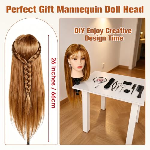 80% Human Hair Mannequin Head,26''Golden Brown Real Hair Mannequin Head,Cosmetology Manikin Head Doll Hair Styling Hairdressing Practice Training Wig Head with Clamp Holder and Tools - Image 7
