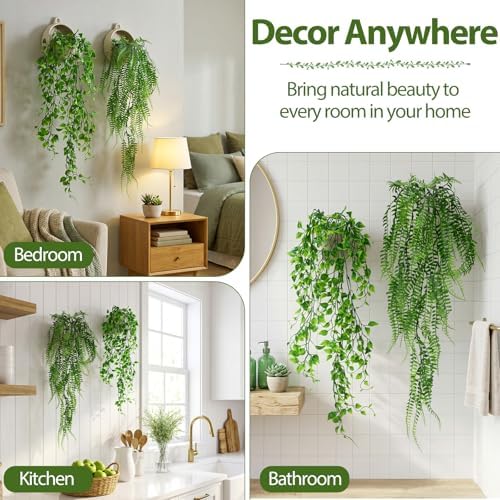 Daifunli 12 Pcs Artificial Hanging Plants Fake Hanging Ferns Plastic Fake Plant for Wall Room Garden Garland Indoor Outdoor Decor No Basket (Ivy,Boston Ferns) - Image 3