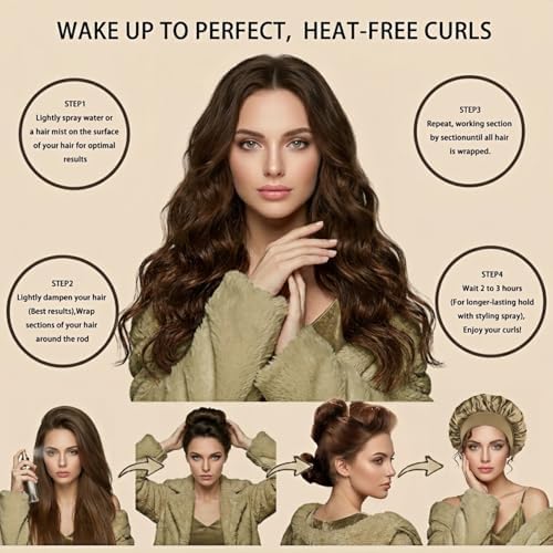 Heatless Curls Overnight Hair Curlers Set – 4PCS Jumbo Velvet Rollers with Shower Cap, No-Damage Flexi Rods for Beautiful Waves(khaki) - Image 5