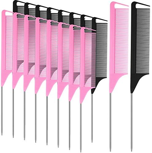 Patelai 18 Pcs Rat Tail Combs with Steel Pintail, Black，pink by Patelai