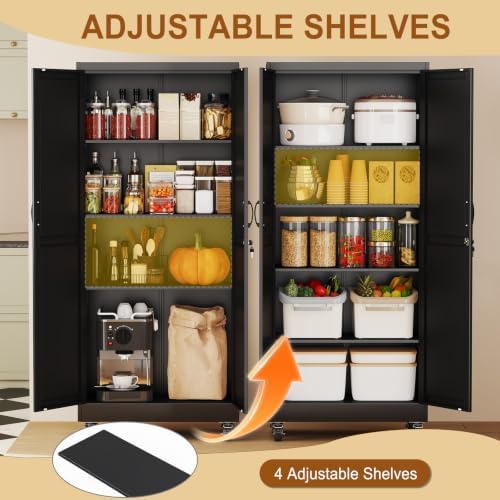 71" Metal Garage Storage Locker Cabinet with Wheels,Rolling Black Lockable Tool Cabinet with 2 Doors and 4 Adjustable Shelves, Steel Office File Cabinet for Home Office Warehouse Gym - Image 5