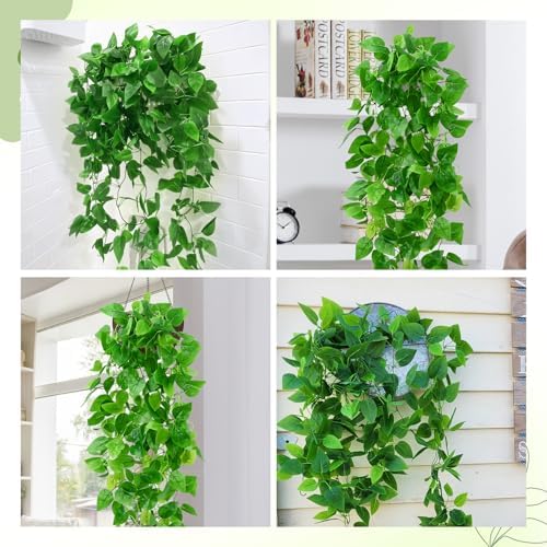 BLEUM CADE 2Pcs Fake Hanging Plants, 9 Branch Artificial Hanging Plant, Lush Faux Pothos Vines for Home Room Wall Shelf Porch Outdoor Indoor Decor (No Baskets) - Image 7