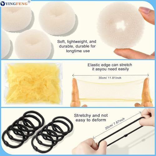 YINGFENG 134 Pcs Beige Hair Bun Maker Kit for Kids Small - 4 Hair Donuts for Buns, 20 Hair Nets for Buns, 100 U Shaped Bobby Pins, 10 Hair Bands, for Girls, Ballet Dance, Hair Accessories for Women - Image 5