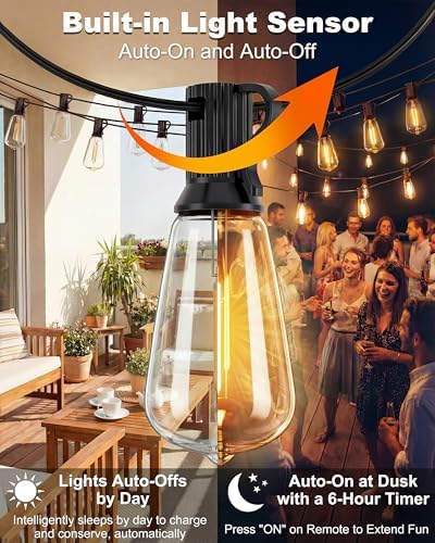 108FT (48+2) Outdoor String Lights Solar Powered, ST38 Dimmable Patio Lights with Remote & USB Charging, Dusk to Dawn, 2700K LED String Solar Light for Backyard, Garden, Porch, Wedding Decor - Image 5