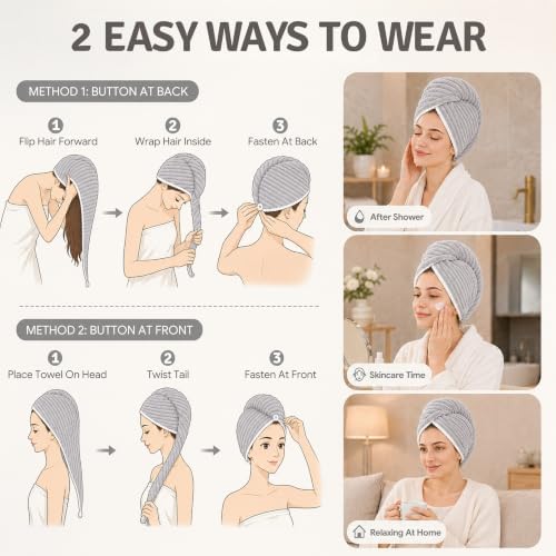 2 Pack Microfiber Hair Towel Wraps, Quick Dry Turbans, Blue & Gray - Image 6