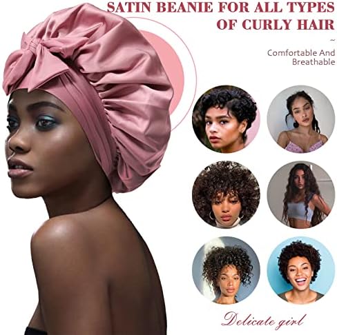 AWAYTR Wide Band Satin Bonnet, Tie-Band Sleep Cap for Curly Hair Women - Image 5