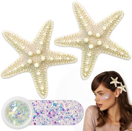 Gofriipai 2 Pcs Starfish Hair Clip with Face Glitter Body Glitter, Mermaid Hair Clips Accessories for Women and Girls, 2 in 1 Accessory Sets for Mermaid Halloween Beach Costume by Gofriipai