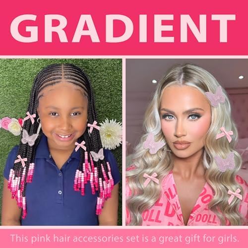 100PCS Small Pink Bows Gradient Hair Beads for Braids Embroidery Butterfly Hair Clips Loc Jewelry Acrylic Large Beads Cute Hair Accessories Dreadlock for Women and Girls - Image 2