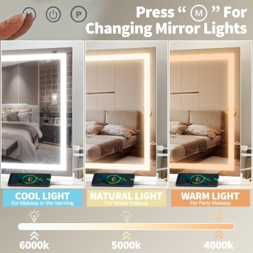 FENNIO 23" x 18" Vanity Mirror with Lights，LED Makeup Mirror，Hollywood Mirror with 3 Color Modes & Adjustable Brightness，Vanity Mirror Square White - Image 2