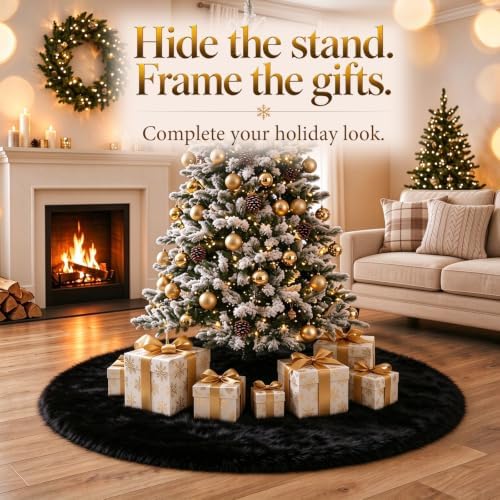 59 Inch Black Christmas Tree Skirt, Soft Faux Wool Tree Base Cover - Image 6