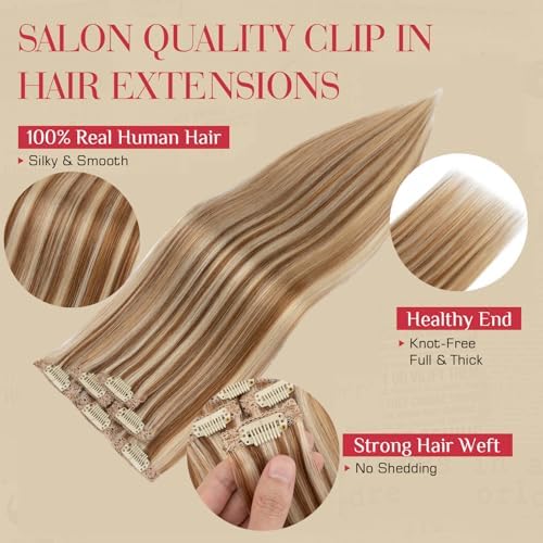 Rich Choices Real Human Hair Clip In Extensions-6 Pcs Single Clip Design-Invisible Clip in Extensions for Thin Hair-Hairpieces for Women/Men-16 Inches #6P613R Light Brown Highlight Bleach Blonde - Image 3