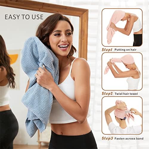 Large Microfiber Hair Towel Wrap for Women, Anti Frizz Hair Drying Towel with Elastic Strap, Fast Dry | Super Absorbent | Quick Dry Hair Turban for Wet, Curly, Long & Thick Hair -Blue - Image 5