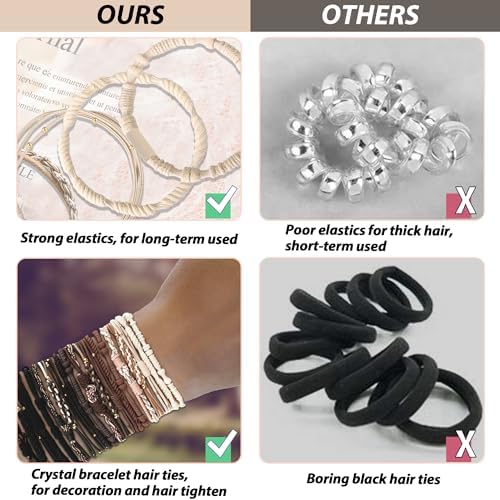 KANPRINCESS 20 PCS Boho Ponytail Holders - 4 Neutral Colors, 5 Styles Hair Bands & Bracelets for Women's Thick or Thin Hair, No Damage - Image 3