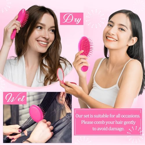 Meanplan 24 Pcs Mini Hair Brush Set 12 Travel Wet Dry Hair Combs Pocket Detangling 12 Compact Folding Makeup Mirror for Spa Sleepover Birthday Bridal Shower Bachelorette Christmas Party Gift(Rose Red) - Image 6