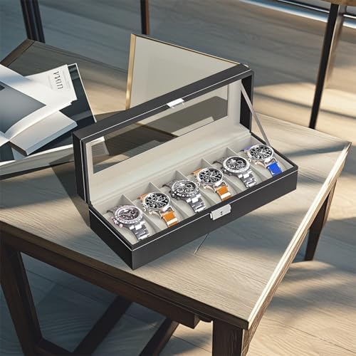 Watch Box for Men,Organizer 6 Slot Watch Display Case,Men Jewelry Box Storage Case,Lined with Soft Velvet and Holder Organizer for Women -6 Slot, Black - Image 5