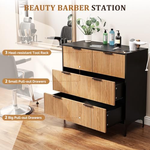 OmySalon Salon Station, Barber Station with 4 Drawers & 3 Hair Dryer Holders, Modern Retro Style Free Standing Cabinet, Storage Styling Stations for Barbershop Beauty SPA, Black - Image 6