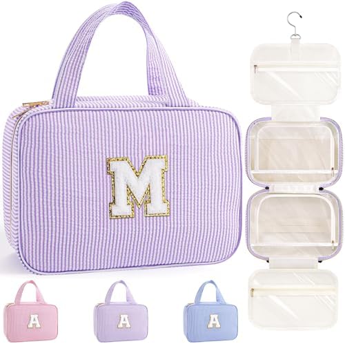 TOPEAST Travel Hanging Toiletry Bag, Personalized Initial Toiletry Pouch, Birthday Gifts for Women Mom Daughter Sister Friends, Cruise Essentials, Purple M by TOPEAST