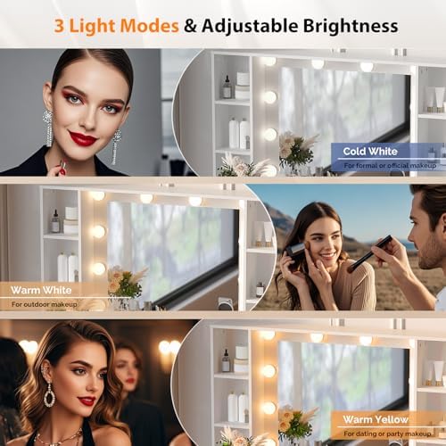 VINGLI Vanity Desk with Mirror and Lights, Glass Top Makeup Vanity Table w/Glass Lighting Cabinets & Power Outlets & Hairdryer Holder,54in White Dressing Table, Gifts for Girls - Image 5