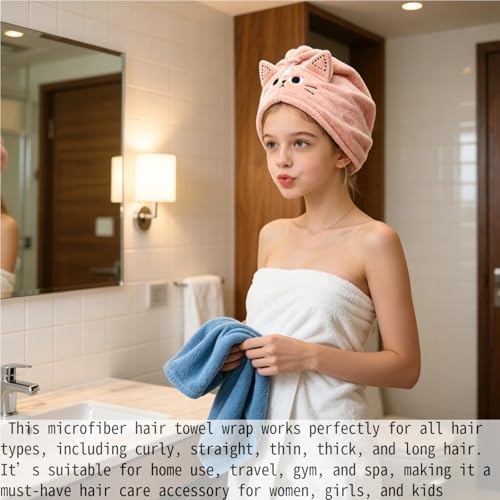 2 Pack Cat Microfiber Hair Towel Wrap for Women & Kids, Super Absorbent Hair Turban with Button, Soft Hair Drying Cap for Curly/Thick/Long Hair, Head Towel Wrap for Hair Care - Image 6